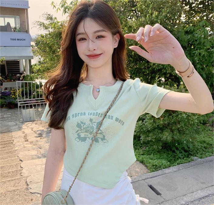Irregular design sense V-neck short-sleeved T-shirt women's short top