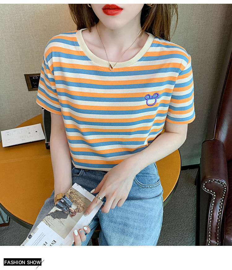 Summer new round neck short-sleeved women's t-shirt embroidery trendy Korean version loose all-match age-reducing stripe top clothes ins