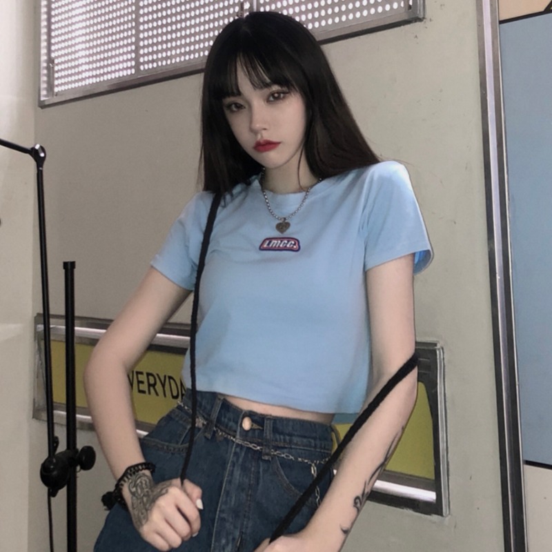 Short top women's summer Korean lettering slim and short sleeve T-shirt