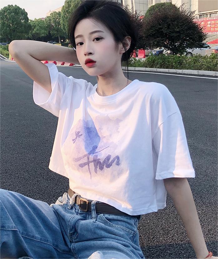 Short-sleeved t-shirt women's summer loose short high-waist top