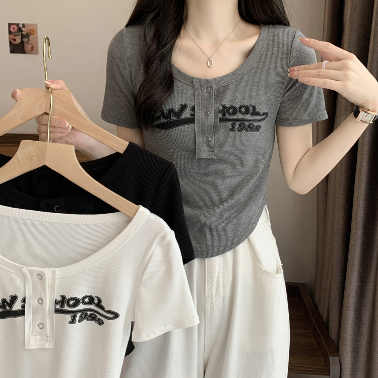 Sweet and spicy wind letter printing short-sleeved ribbed t-shirt women's design sense niche chic short thin top summer