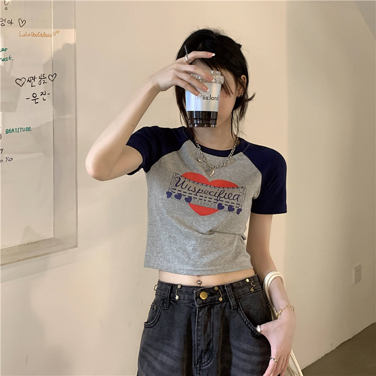American hot girl T-shirt women's ins tide short section slim fit thin printed short-sleeved summer top