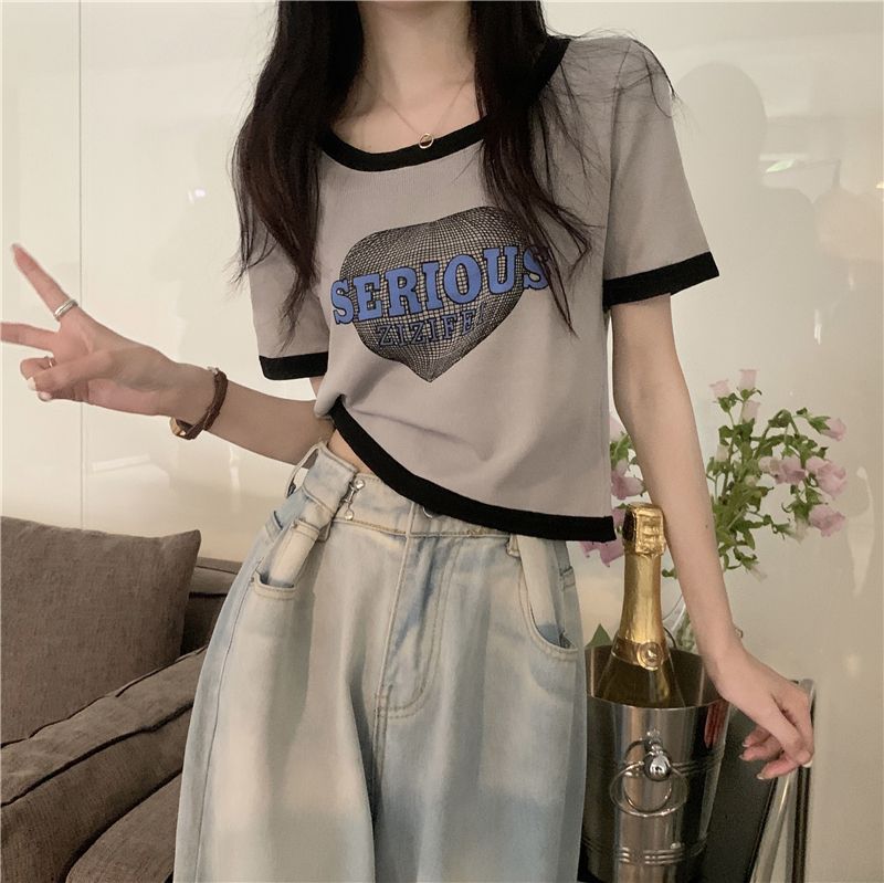 Sweet and spicy style contrast color short-sleeved T-shirt women's summer pink short crop top