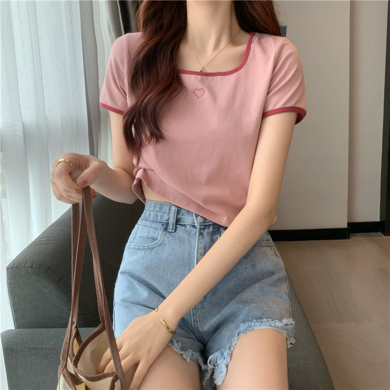 Love embroidery T-shirt female ins tide short hot girl slim short-sleeved top summer
