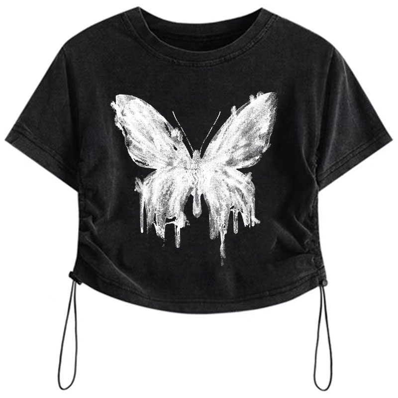 Washed cotton retro old t-shirt summer loose drawstring design (B909#白蝉蝶)