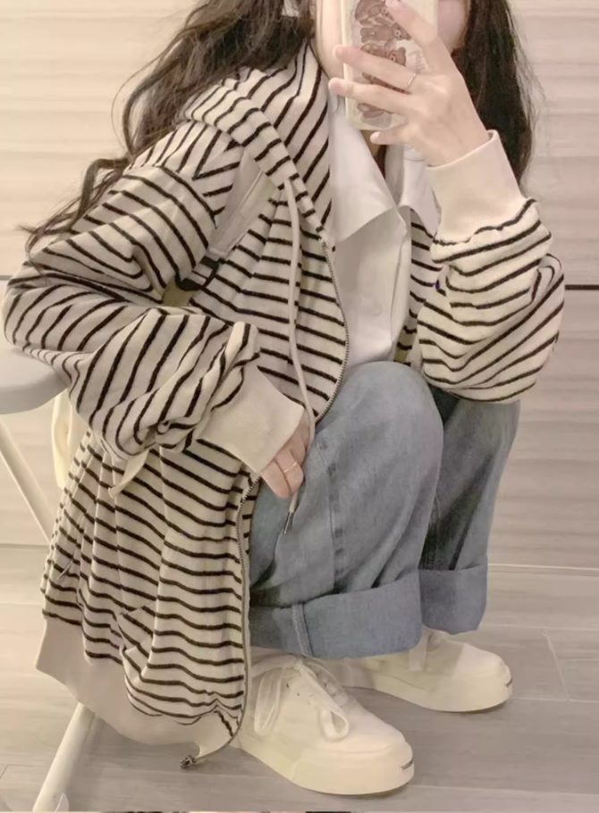 Back wrap collar double-layer cap can't pill Imitation cotton Huamian composite milk silk 300g thin sweater women's coat stripes