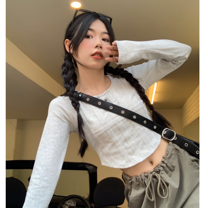Official picture 6535 pull frame cotton hot girl niche pure cotton shoulder long-sleeved T-shirt female spring slim short
