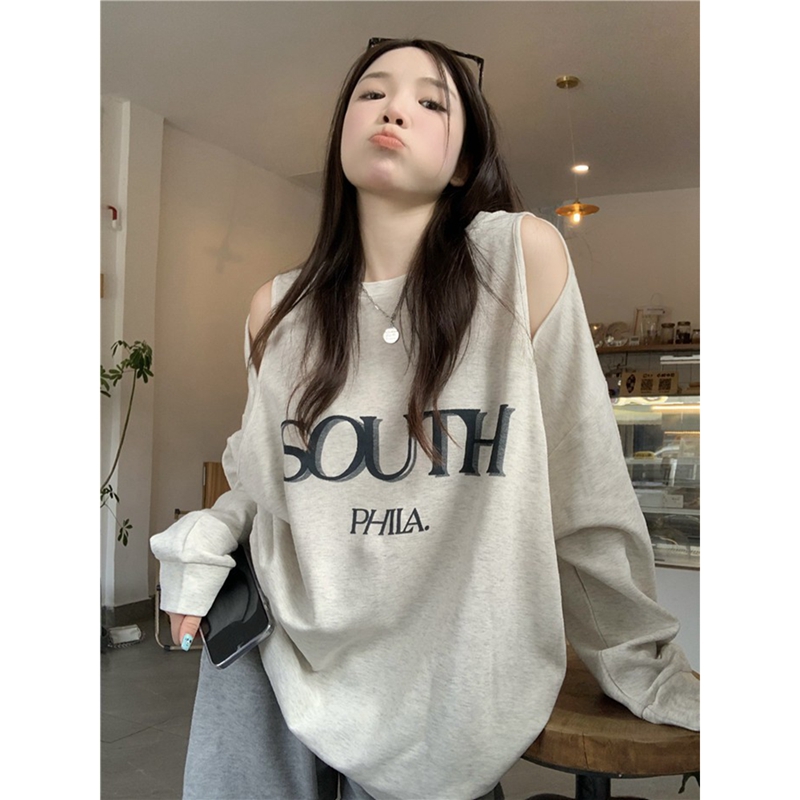 Official picture 6535 fish scale early autumn new simple letter printing strapless hollow round neck loose bottoming
