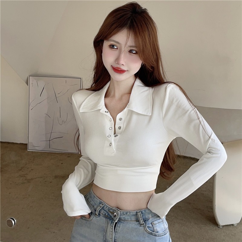 Official picture 40-count cotton ribbed hot girl POLO collar short section women look thin and pure desire inner wear bottoming shirt niche