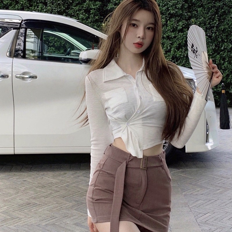 64% Polyester 30% Cotton 6% Spandex Sweet Spicy Shirt Women's Spring and Autumn New Design Sense of Niche
