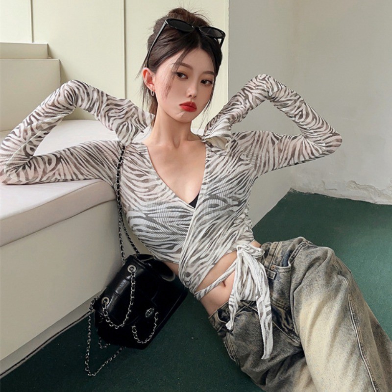 97% polyester fiber 3% spandex hot girl strap sexy v-neck short long-sleeved T-shirt female summer