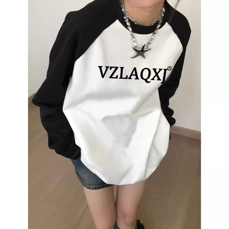 200g pure cotton raglan shoulder stitching mid-length long-sleeved T-shirt for women