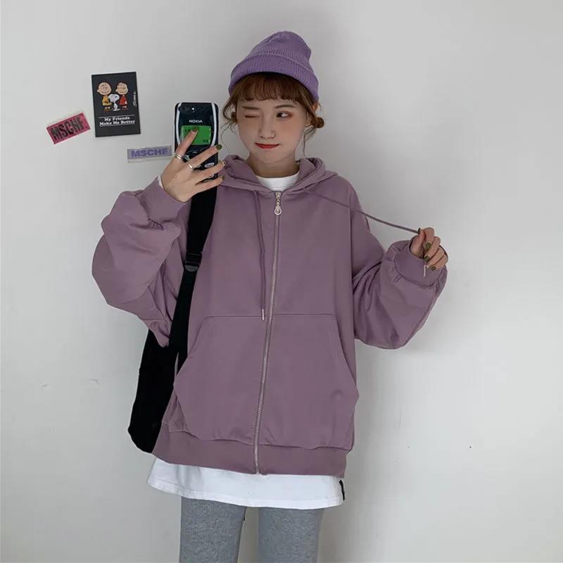 Official image net price Japanese style loose long-sleeved hooded zipper purple cardigan women's sweet cool wind jacket