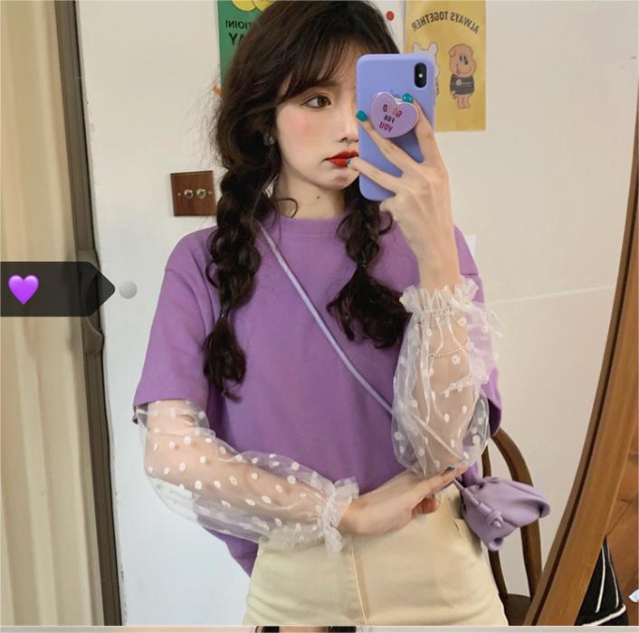Official picture real price milk silk fake two pieces of small daisy mesh short-sleeved T-shirt women