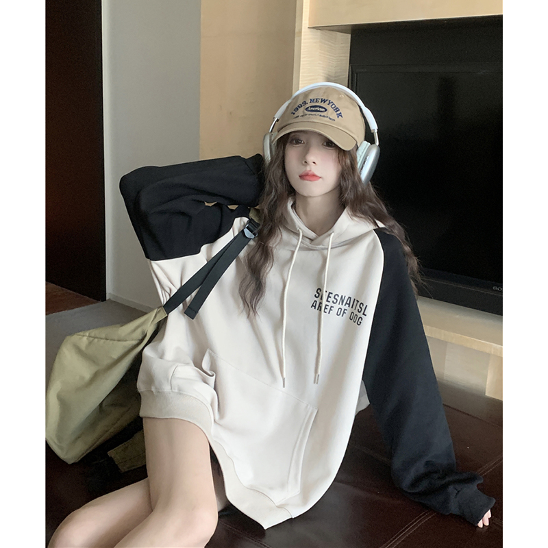 Large fish scales 260g 100% polyester fiber thin section sweater women's round neck letter printing splicing back bag strip