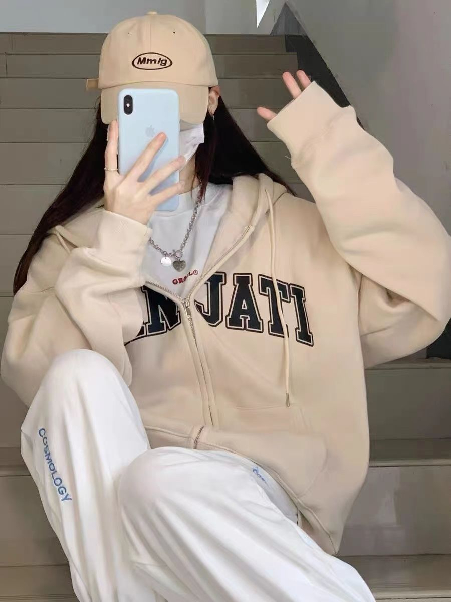 190g autumn and winter clothing plus velvet thickened cardigan sweater women's Korean version of ins hooded zipper jacket