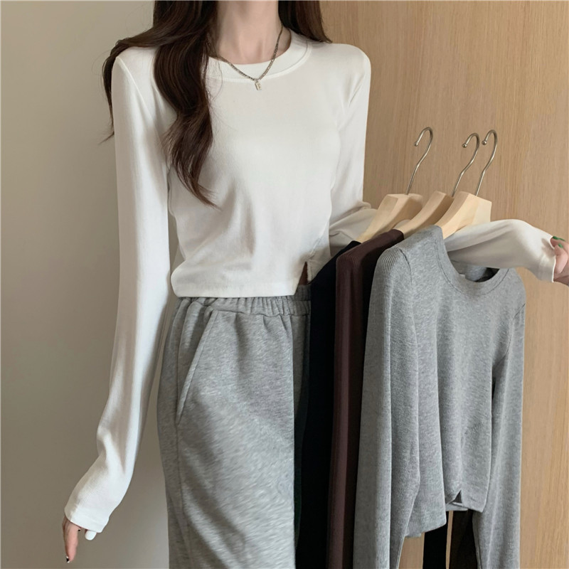 6887#milk silk bottoming shirt women's autumn and winter long-sleeved T-shirt design hot girl short top