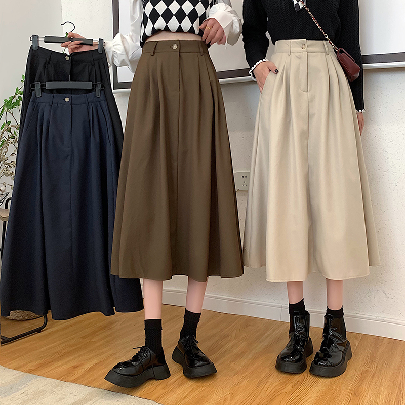 2023 Spring and Autumn Large Size Retro High Waist Skirt Women's Autumn New Slimming Midi-Length Skirt Popular Large Hem A-Line Skirt