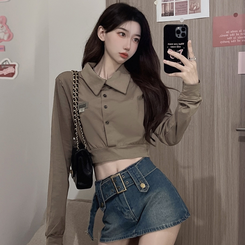 9109# Real shot, real price (240g cool silk cotton) spring American short waist long sleeve sweatshirt for women