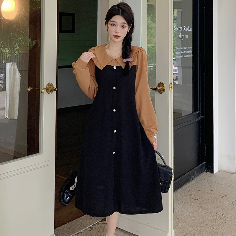 #299 real shot real price all-match skirt design sense color contrast splicing doll collar large size fat MM thin dress female