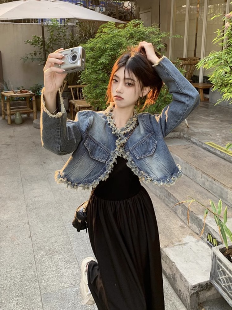 Retro short raw edge long-sleeved denim jacket dress long skirt for women spring and autumn 2023 new fashion suit for women