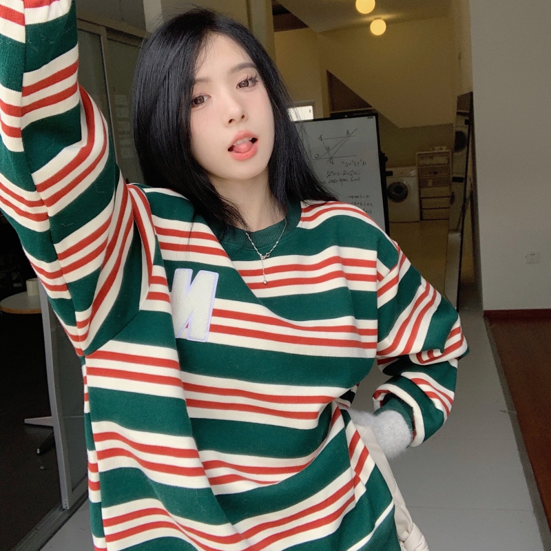 8196# Real shot, real price, one-piece velvet 320g plus velvet T towel embroidered autumn and winter sweatshirt for women with loose stripes