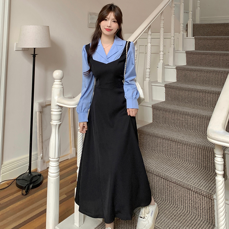 Real shot [back wrap collar workmanship] autumn and winter new style contrast color splicing fake two-piece waist tie A-line long-sleeved dress