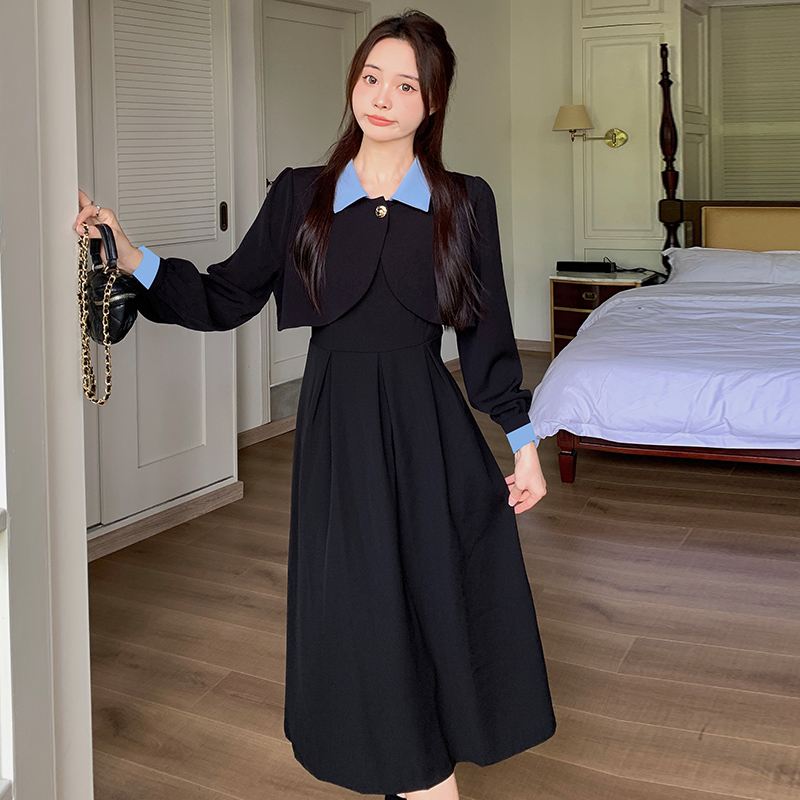Actual shot [two-piece set] large size fat mm short coat top women's pleated a-line suspender dress sub-set
