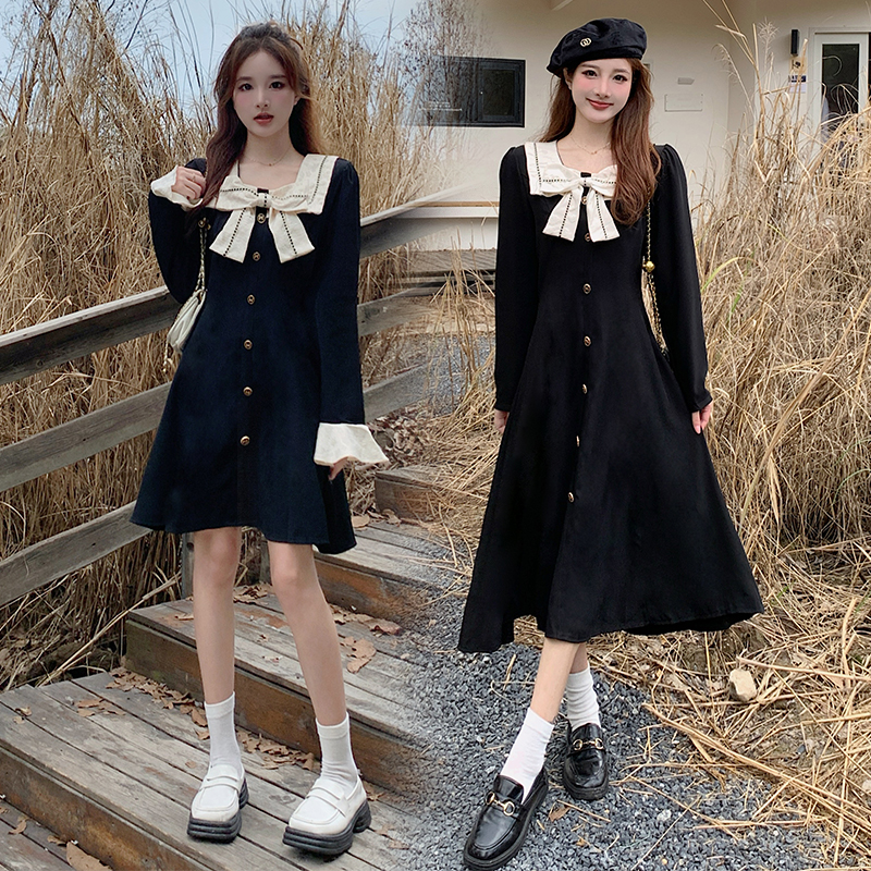 Spot Autumn and Winter Fat mm High Waist Bow Square Neck Long Sleeve Dress Women's Korean Style Fashion A-Line Long Skirt