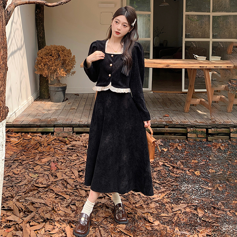#332 Real shot Corduroy two-piece small fragrant style fungus top + high waist skirt women's suit