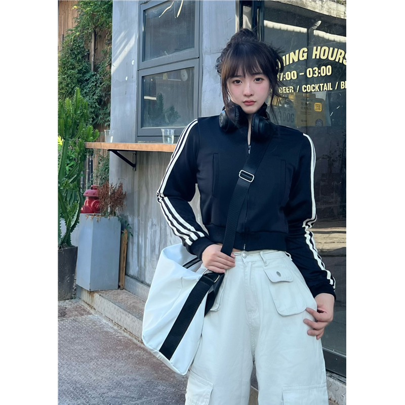 9134#Real Shot Real Price (Cool Silk Cotton Pullover 240g) Striped Short Sweatshirt Women's Stand Collar Jacket