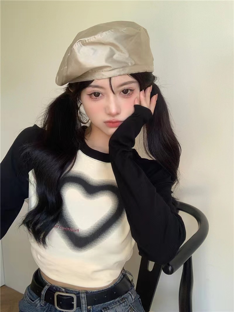Ice silk thread love long-sleeved raglan T-shirt women's slim short sweet and spicy jazz top shoulder spring