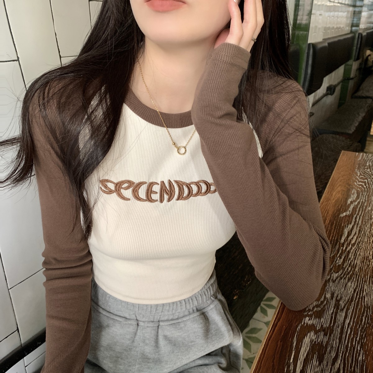 Ice silk thread 2.2 raglan sleeve slim short T-shirt women's top