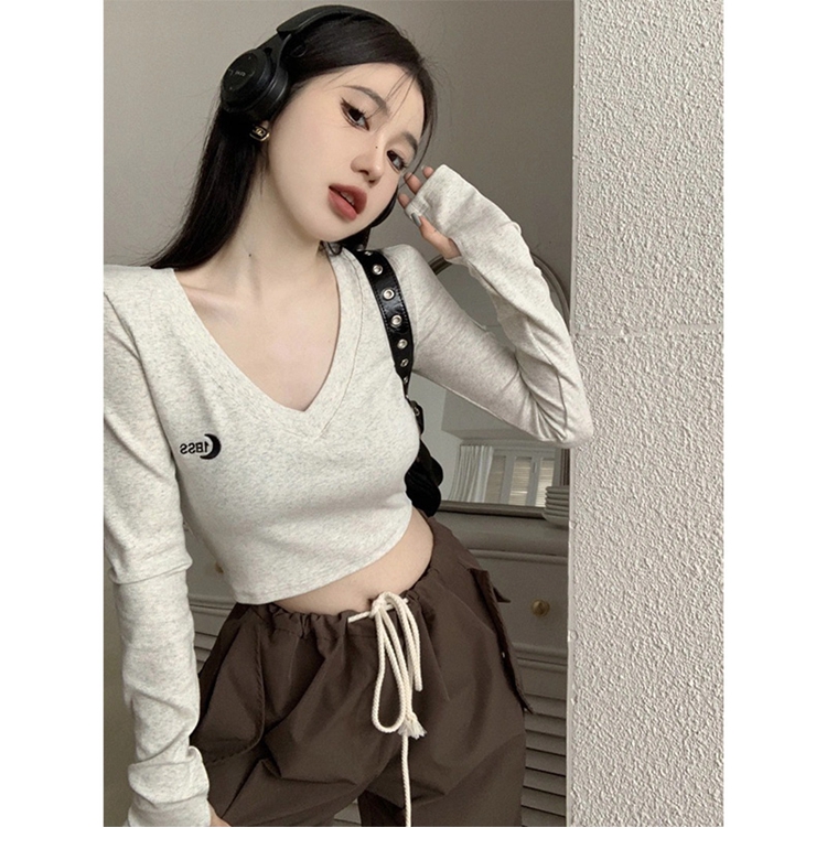 Official picture cotton thread hot girl pure lust style V-neck t-shirt women spring autumn winter short tight