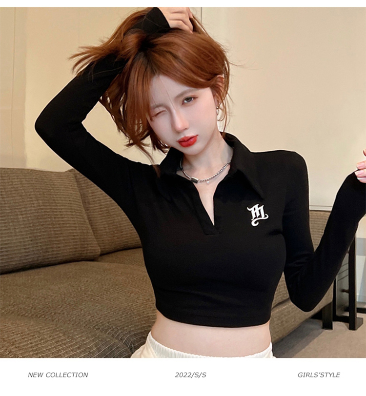 Official picture of ice silk threaded Polo collar black autumn and winter bottoming shirt for women