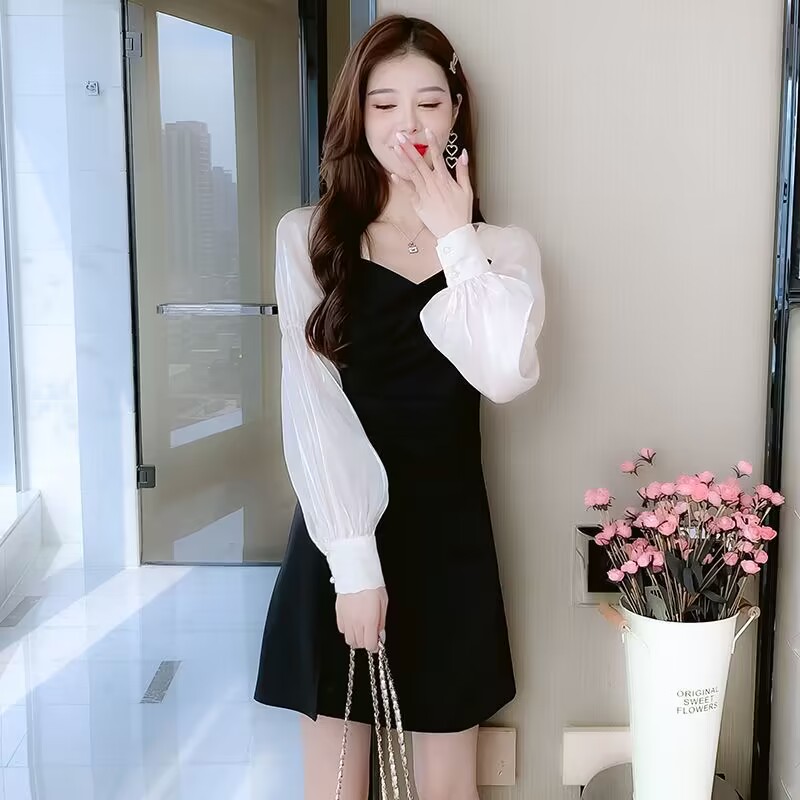 Xiaoxiangfeng waist slimming spring and autumn long-sleeved dress women's new elegant retro design little black dress