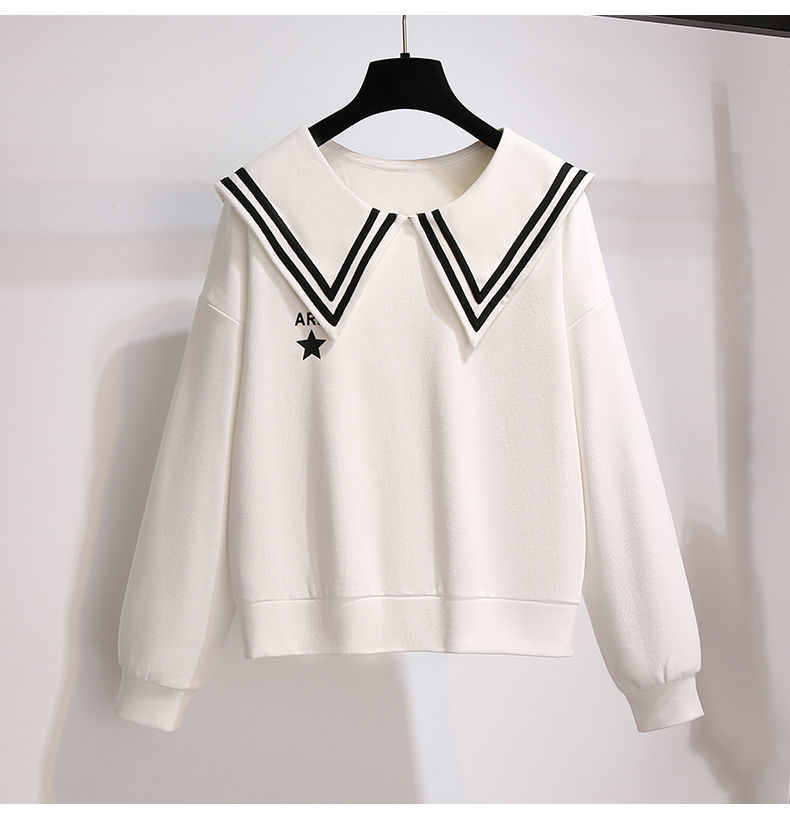 Fish scale fabric#Doll navy collar sweatshirt trendy women's spring and autumn loose splicing versatile student long-sleeved top