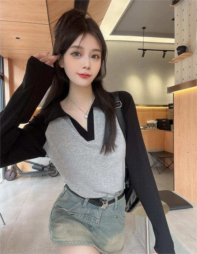 Ice silk thread has been shipped cotton contrasting color v-neck bottoming shirt pure desire hot girl niche design top