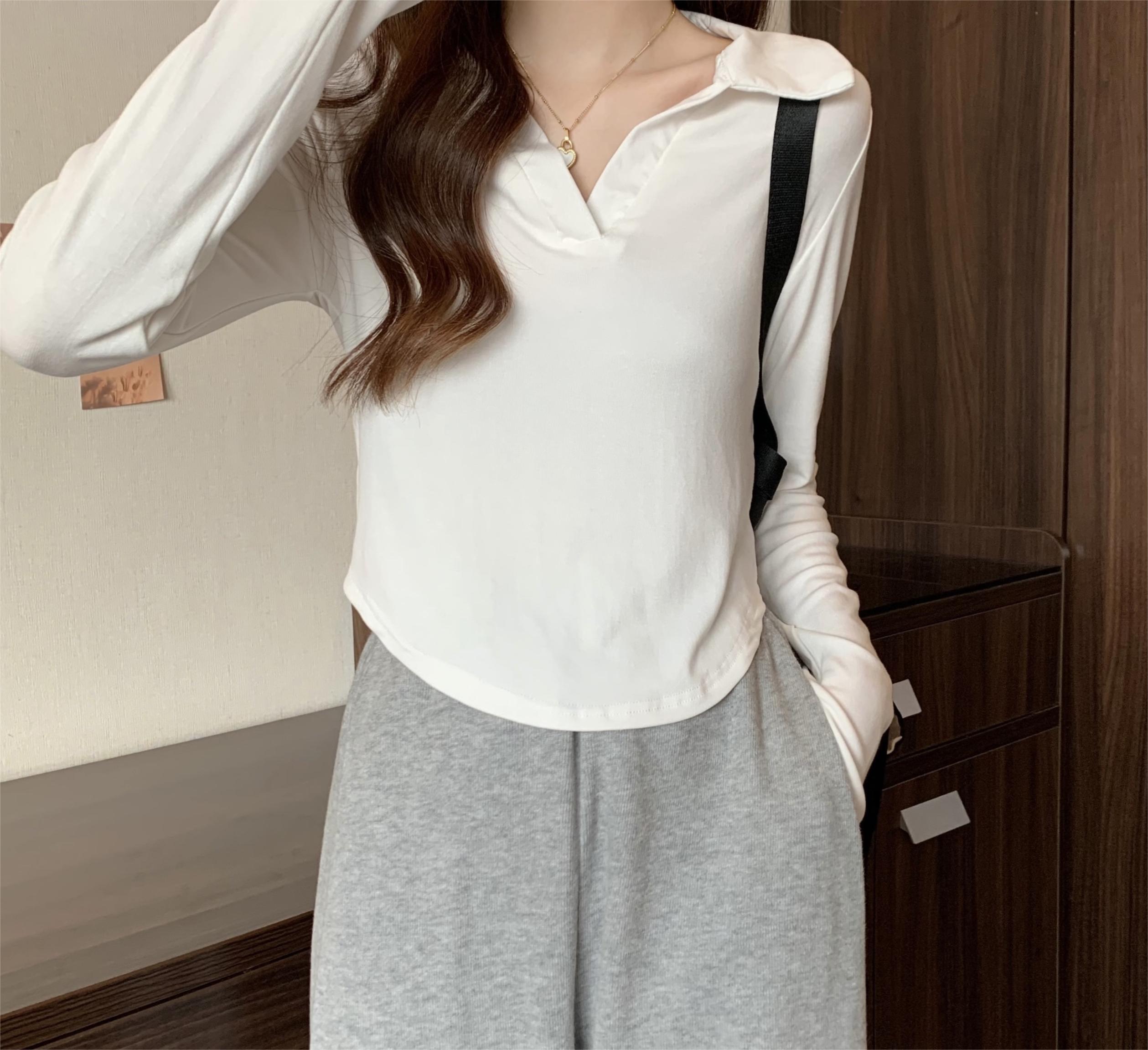 Ice silk thread spot polo collar autumn hot girl design slim white short top