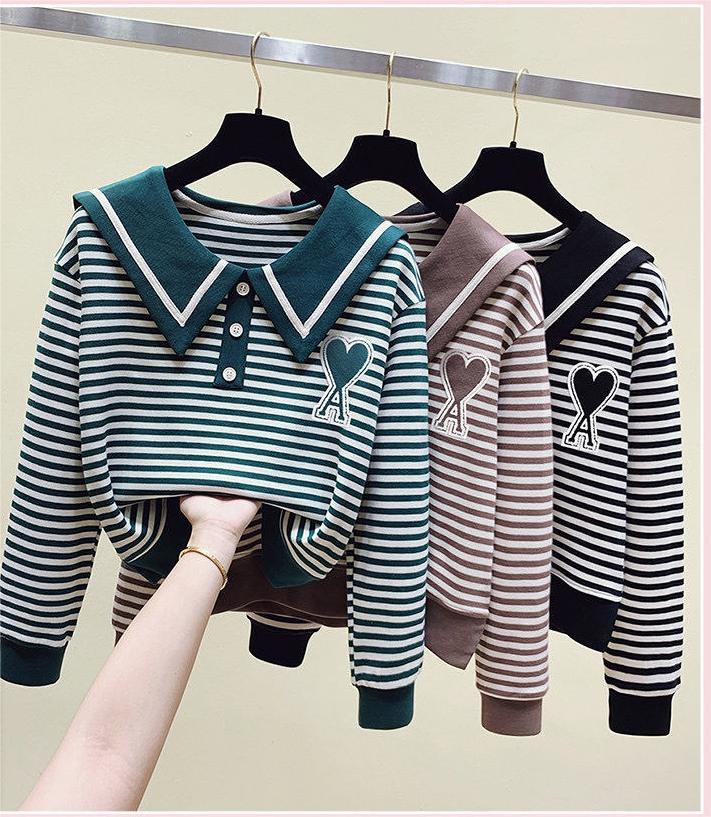 Fish scale fabric #Navy collar long-sleeved versatile sweatshirt for women autumn loose fashion super hot striped top