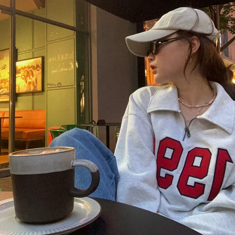 Big fish scale 260g 100% polyester thin sweatshirt for women with letter embroidery POLO collar and back strip