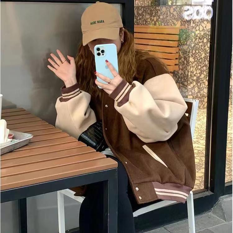 Embroidery + velvet thickening, American retro baseball uniform jacket for women winter thickened loose couple jacket