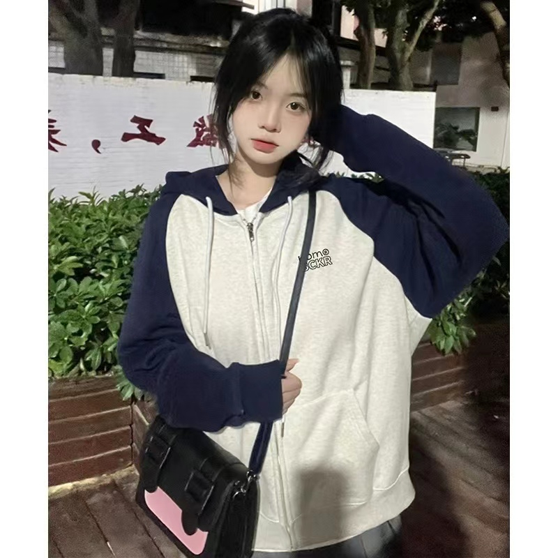 Velvet contrasting color splicing cardigan hooded sweatshirt women's thin season oversize loose student lazy style jacket trend