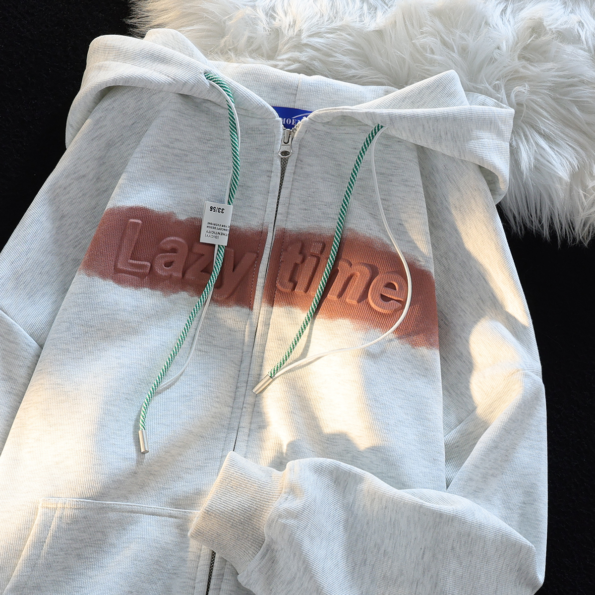 Big fish scale 260g 100% polyester thin sweatshirt women's hooded embossed printing back strip double hood