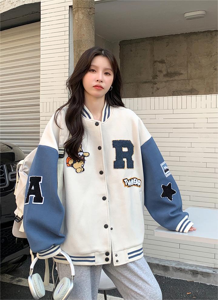 Hot picture + double screw top plus velvet baseball jacket for women, autumn and winter new American retro student sweatshirt, versatile and loose