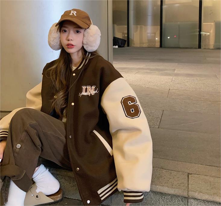 Towel embroidery + double screw mouth baseball jacket for women plus velvet winter ins trendy Korean version versatile jacket bf lazy style couple