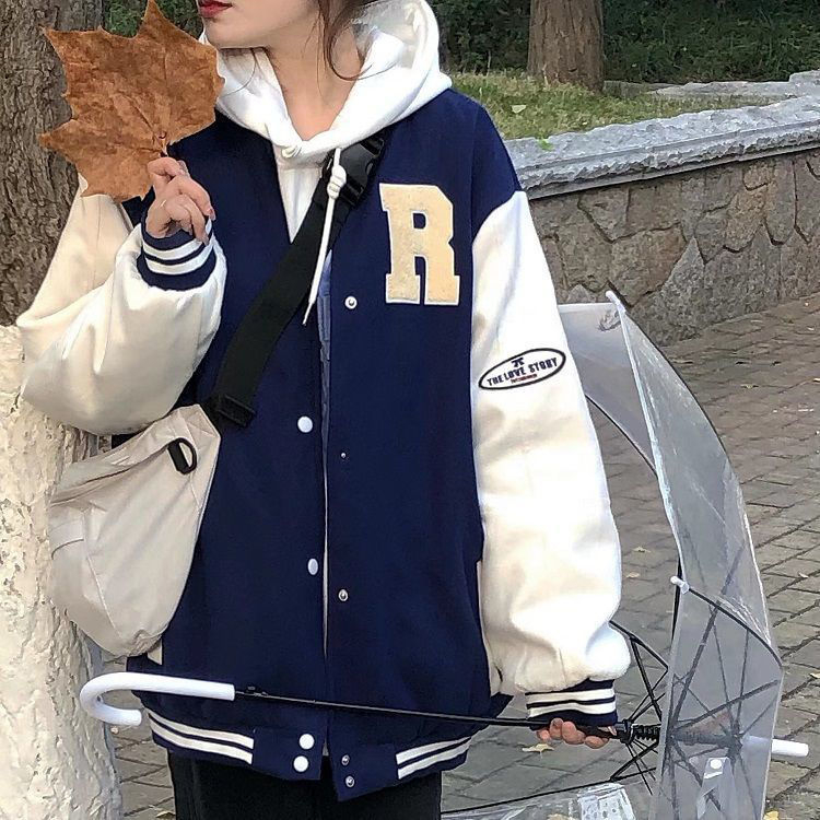 Embroidery + velvet thickening, American retro baseball uniform jacket for women winter thickened loose couple jacket