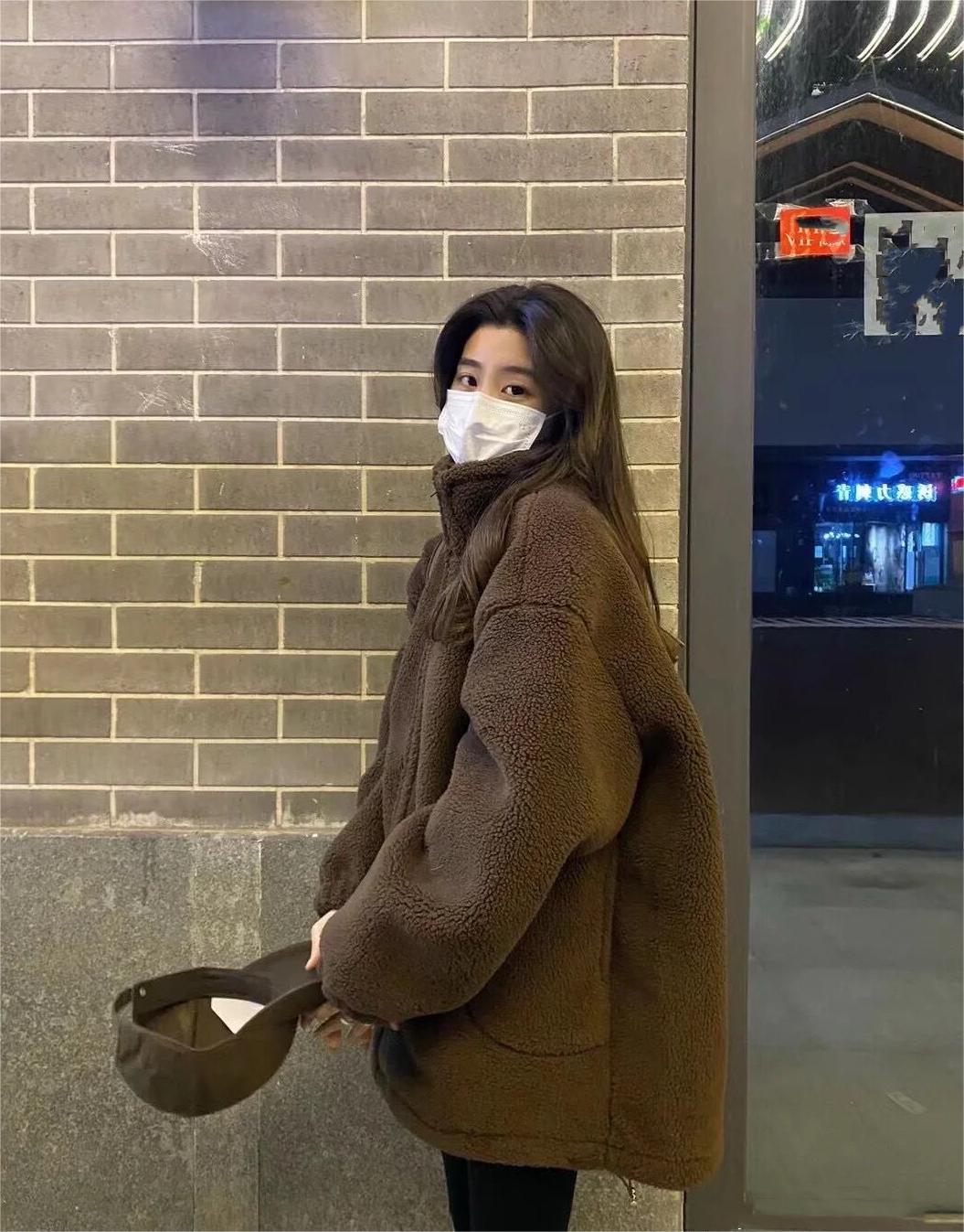 Lamb wool coat for women Korean style all-match internet celebrity top thickened 200 pounds large size lamb plush coat
