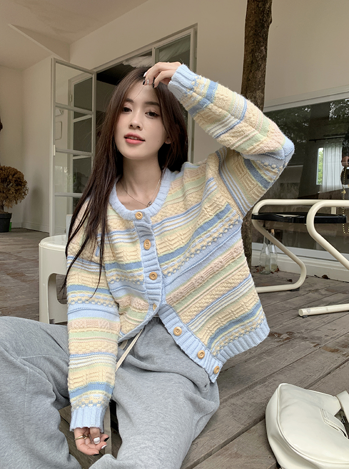 3883#Autumn 2023 New Korean Style Loose Striped Jacket Versatile Knitted Sweater Thin Cardigan Jacket