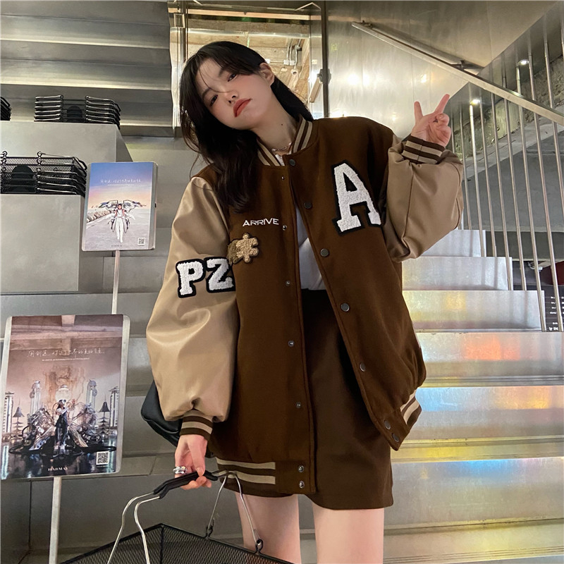 Double screw mouth personalized puzzle jacket for women in autumn and winter new fashion splicing couple baseball uniform ins versatile outer wear